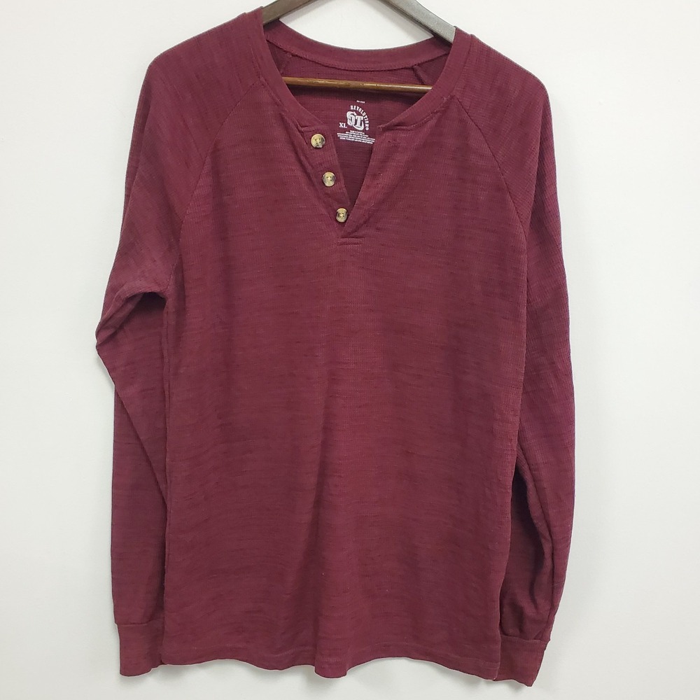 Revolution Mens Long Sleeve Waffle Knit Henley Shirt Size XL Red Outdoor Thermal